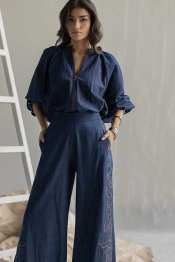 Pooja-Keyur Blue Denim V-neck Lantern Top at Aza Fashions Pooja-Keyur_Blue Denim V-neck Lantern Top _at_Aza_Fashions