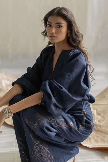 Buy Pooja-Keyur Blue Denim V-neck Lantern Top Buy_Pooja-Keyur_Blue Denim V-neck Lantern Top