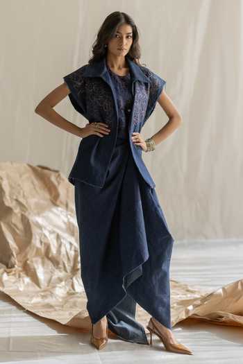 Pooja-Keyur Denim Draped Long Skirt 