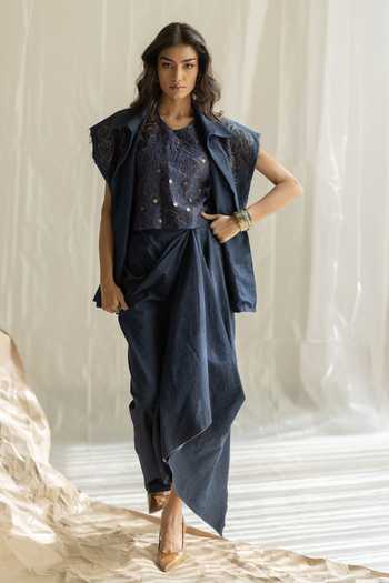 Pooja-Keyur Denim Draped Long Skirt 