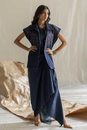 Pooja-Keyur_Blue Denim Draped Long Skirt _Online_at_Aza_Fashions