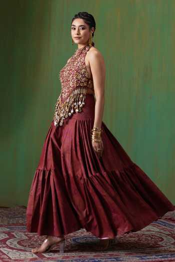 Payal & Zinal Maroon Velvet, Twill Halter Neck Maira Hand Embroidered Top And Skirt Set Online at Aza Fashions Payal & Zinal_Maroon Velvet, Twill Halter Neck Maira Hand Embroidered Top And Skirt Set _Online_at_Aza_Fashions