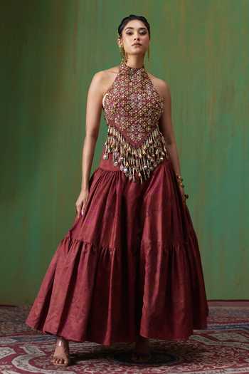Buy Payal & Zinal Maroon Velvet, Twill Halter Neck Maira Hand Embroidered Top And Skirt Set Online at Aza Fashions Buy_Payal & Zinal_Maroon Velvet, Twill Halter Neck Maira Hand Embroidered Top And Skirt Set _Online_at_Aza_Fashions