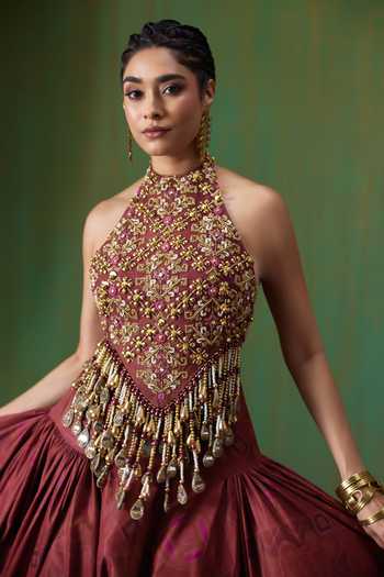 Shop Payal & Zinal Maroon Velvet, Twill Halter Neck Maira Hand Embroidered Top And Skirt Set Online at Aza Fashions Shop_Payal & Zinal_Maroon Velvet, Twill Halter Neck Maira Hand Embroidered Top And Skirt Set _Online_at_Aza_Fashions