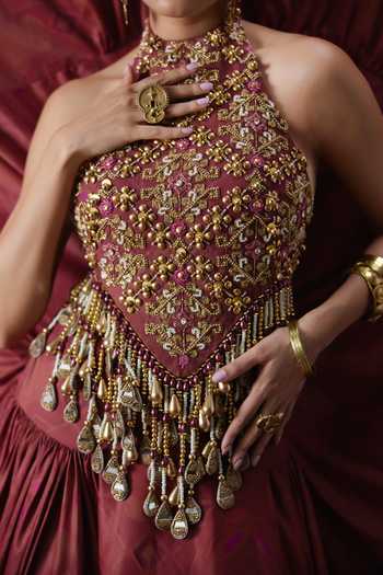Payal & Zinal Maroon Velvet, Twill Halter Neck Maira Hand Embroidered Top And Skirt Set at Aza Fashions Payal & Zinal_Maroon Velvet, Twill Halter Neck Maira Hand Embroidered Top And Skirt Set _at_Aza_Fashions