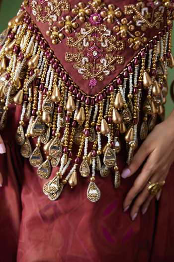 Buy Payal & Zinal Maroon Velvet, Twill Halter Neck Maira Hand Embroidered Top And Skirt Set Buy_Payal & Zinal_Maroon Velvet, Twill Halter Neck Maira Hand Embroidered Top And Skirt Set