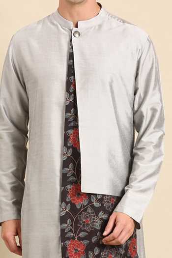Mayank Modi - Men_Silver Silk, Muslin Floral Placement Print Kurta Set For Kids_Online_at_Aza_Fashions