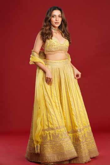 Buy Gopi Vaid Yellow Tussar, Organza Sweetheart Neck Zivaara Embroidered Lehenga Set at Aza Fashions Buy_Gopi Vaid_Yellow Tussar, Organza Sweetheart Neck Zivaara Embroidered Lehenga Set _at_Aza_Fashions