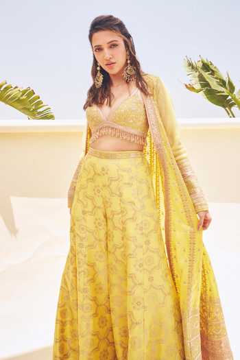 Shop Gopi Vaid Yellow Tussar Plunge Neck, Myraaz Embroidered Jacket Palazzo Set at Aza Fashions Shop_Gopi Vaid_Yellow Tussar Plunge Neck, Myraaz Embroidered Jacket Palazzo Set _at_Aza_Fashions