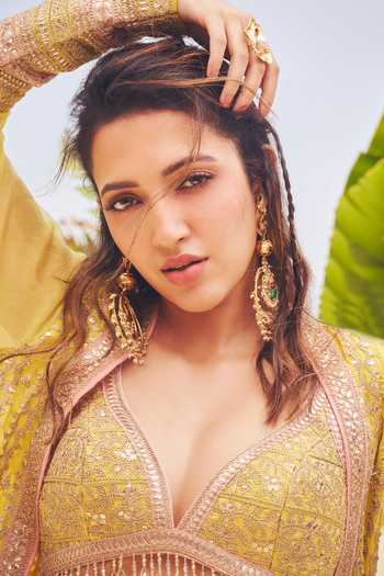 Shop Gopi Vaid Yellow Tussar Plunge Neck, Myraaz Embroidered Jacket Palazzo Set Online at Aza Fashions Shop_Gopi Vaid_Yellow Tussar Plunge Neck, Myraaz Embroidered Jacket Palazzo Set _Online_at_Aza_Fashions