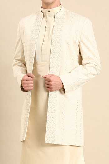 Mayank Modi - Men Ivory Silk, Jacquard Chevron Woven Nehru Jacket For Kids Online at Aza Fashions Mayank Modi - Men_Ivory Silk, Jacquard Chevron Woven Nehru Jacket For Kids_Online_at_Aza_Fashions