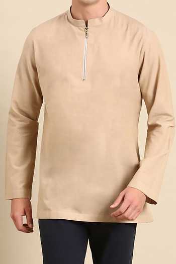 Mayank Modi - Men Beige Cotton Solid Short Kurta For Kids Online at Aza Fashions Mayank Modi - Men_Beige Cotton Solid Short Kurta For Kids_Online_at_Aza_Fashions
