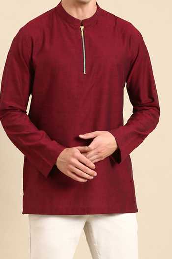 Mayank Modi - Men_Maroon Cotton Full Sleeve Plain Short Kurta For Kids_Online_at_Aza_Fashions