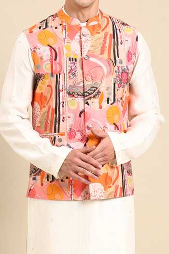 Mayank Modi - Men_Pink Muslin Abstract Floral Digital Print Nehru Jacket For Kids_Online_at_Aza_Fashions