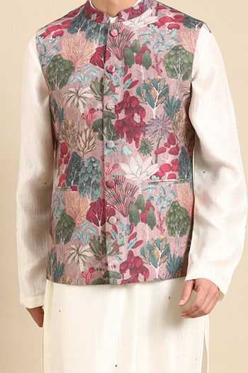 Mayank Modi - Men_Pink Muslin Flower Digital Print Nehru Jacket For Kids_Online_at_Aza_Fashions