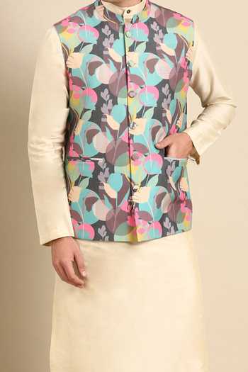 Mayank Modi - Men_Blue Muslin Floral Printed Nehru Jacket For Kids_Online_at_Aza_Fashions