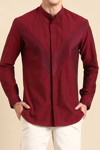 Mayank Modi - Men Maroon Cotton Mandarin Collar Full Sleeve Shirt For Kids Online at Aza Fashions Mayank Modi - Men_Maroon Cotton Mandarin Collar Full Sleeve Shirt For Kids_Online_at_Aza_Fashions