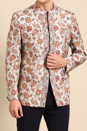 Mayank Modi - Men_Grey Muslin Embroidery Floral Print Bandhgala For Kids_Online_at_Aza_Fashions