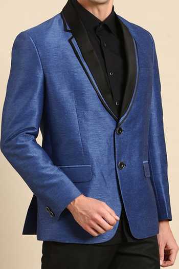 Mayank Modi - Men_Blue Silk, Linen Textured Lapel Collar Blazer For Kids_Online_at_Aza_Fashions
