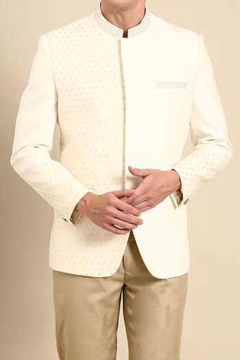 Mayank Modi - Men Off White Silk Beads Banaras Embroidered Bandhgala For Kids Online at Aza Fashions Mayank Modi - Men_Off White Silk Beads Banaras Embroidered Bandhgala For Kids_Online_at_Aza_Fashions