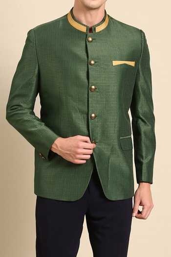 Mayank Modi - Men Green Kota Doria Chanderi Textured Bandhgala For Kids Online at Aza Fashions Mayank Modi - Men_Green Kota Doria Chanderi Textured Bandhgala For Kids_Online_at_Aza_Fashions