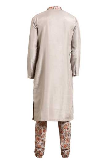 Shop Mayank Modi - Men Silver Muslin Embroidery Floral Print Overlap Kurta Set For Kids at Aza Fashions Shop_Mayank Modi - Men_Silver Muslin Embroidery Floral Print Overlap Kurta Set For Kids_at_Aza_Fashions