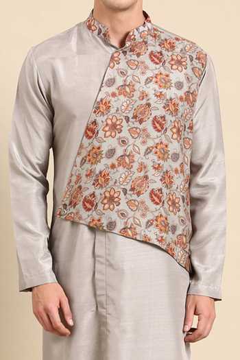 Buy Mayank Modi - Men Silver Muslin Embroidery Floral Print Overlap Kurta Set For Kids Online at Aza Fashions Buy_Mayank Modi - Men_Silver Muslin Embroidery Floral Print Overlap Kurta Set For Kids_Online_at_Aza_Fashions