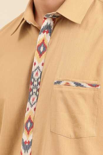 Mayank Modi - Men_Beige Cotton, Muslin Embroidery Geometric Print Placket Shirt For Kids_Online_at_Aza_Fashions