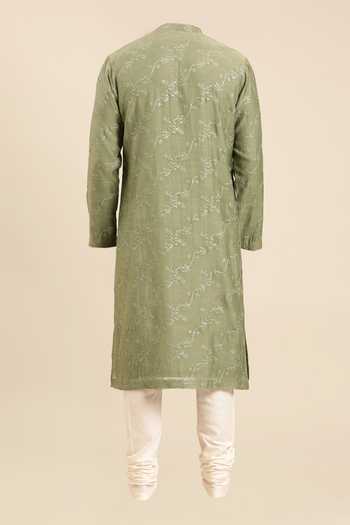 Mayank Modi - Men Silk Chanderi Thread Embroidered Kurta With Churidar For Kids