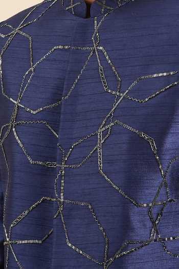 Mayank Modi - Men_Blue Silk Embroidery Cutdana Angular Pattern Sherwani With Churidar For Kids_Online_at_Aza_Fashions