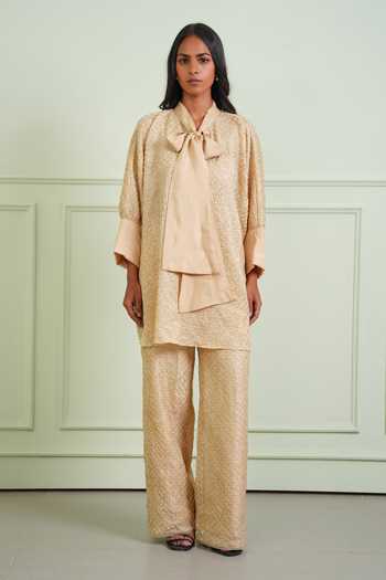 Shop Twenty Nine Gold Silk High Neck Bow Tie Textured Bandhani Shirt Online at Aza Fashions Shop_Twenty Nine_Gold Silk High Neck Bow Tie Textured Bandhani Shirt _Online_at_Aza_Fashions