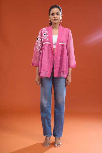 Tahweave_Pink Handloom Cotton Shawl Neck Floral Embroidered Top _Online_at_Aza_Fashions