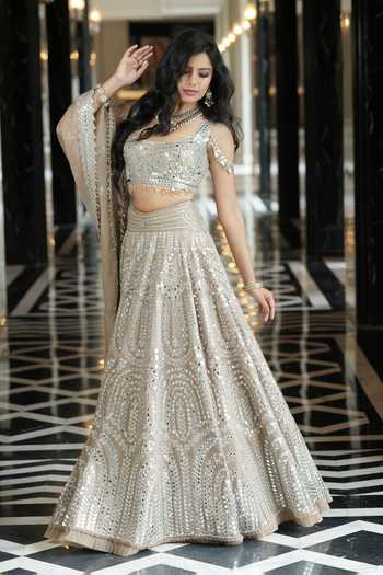 Shop Archana Kochhar Beige Silk, Net, Organza Square Neck Ainna Ecru Mirror Work Lehenga Set Online at Aza Fashions Shop_Archana Kochhar_Beige Silk, Net, Organza Square Neck Ainna Ecru Mirror Work Lehenga Set _Online_at_Aza_Fashions