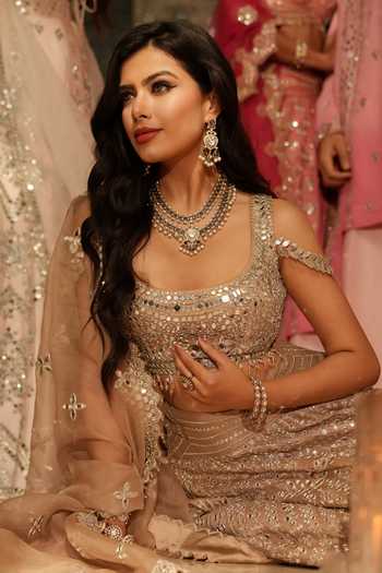 Archana Kochhar_Beige Silk, Net, Organza Square Neck Ainna Ecru Mirror Work Lehenga Set _at_Aza_Fashions