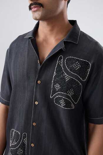 Raw & Rustic By Niti Bothra Black Denim Kantha Patchwork Shirt 