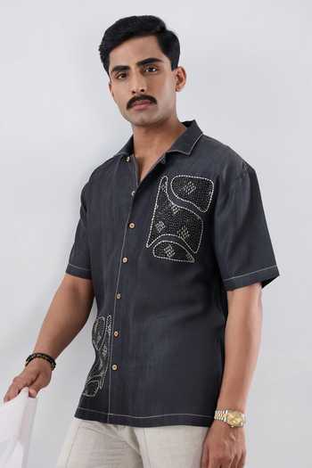 Buy Raw & Rustic By Niti Bothra Black Tencel, Denim Embroidery, Patchwork Kantha Shirt Online at Aza Fashions Buy_Raw & Rustic By Niti Bothra_Black Tencel, Denim Embroidery, Patchwork Kantha Shirt _Online_at_Aza_Fashions
