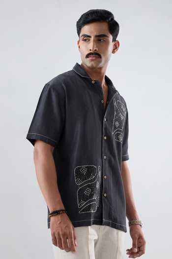 Shop Raw & Rustic By Niti Bothra Black Tencel, Denim Embroidery, Patchwork Kantha Shirt Online at Aza Fashions Shop_Raw & Rustic By Niti Bothra_Black Tencel, Denim Embroidery, Patchwork Kantha Shirt _Online_at_Aza_Fashions