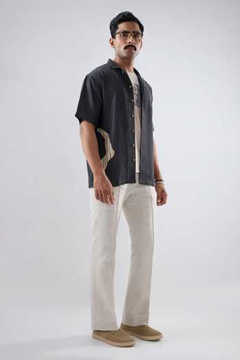 Raw & Rustic By Niti Bothra Black Tencel, Denim Patchwork Asymmetric Shirt Online at Aza Fashions Raw & Rustic By Niti Bothra_Black Tencel, Denim Patchwork Asymmetric Shirt _Online_at_Aza_Fashions