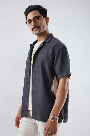 Buy Raw & Rustic By Niti Bothra Black Tencel, Denim Patchwork Asymmetric Shirt Online at Aza Fashions Buy_Raw & Rustic By Niti Bothra_Black Tencel, Denim Patchwork Asymmetric Shirt _Online_at_Aza_Fashions