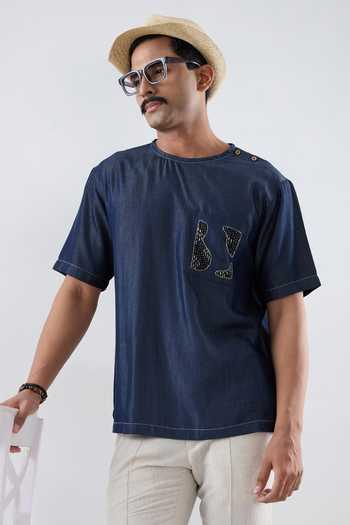 Raw & Rustic By Niti Bothra Dark Blue Denim Kantha Patch Pocket T-Shirt 