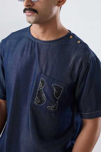 Raw & Rustic By Niti Bothra Dark Blue Denim Kantha Patch Pocket T-Shirt 