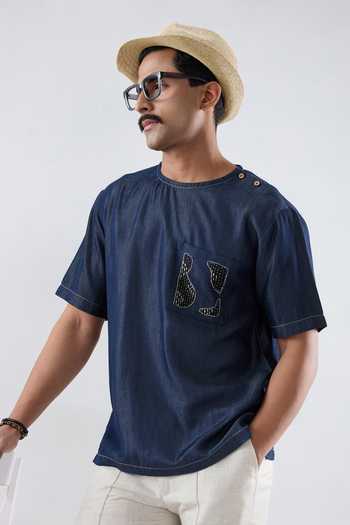 Buy Raw & Rustic By Niti Bothra Navy Denim, Tencel Embroidery Dark Blue Kantha Patch Pocket T-shirt Online at Aza Fashions Buy_Raw & Rustic By Niti Bothra_Navy Denim, Tencel Embroidery Dark Blue Kantha Patch Pocket T-shirt _Online_at_Aza_Fashions