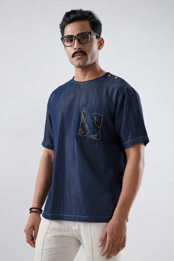 Shop Raw & Rustic By Niti Bothra Navy Denim, Tencel Embroidery Dark Blue Kantha Patch Pocket T-shirt Online at Aza Fashions Shop_Raw & Rustic By Niti Bothra_Navy Denim, Tencel Embroidery Dark Blue Kantha Patch Pocket T-shirt _Online_at_Aza_Fashions