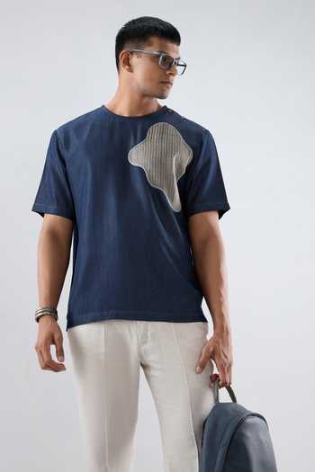 Raw & Rustic By Niti Bothra Dark Blue Denim Abstract Patchwork T-Shirt 