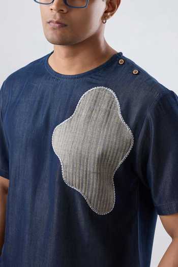 Shop Raw & Rustic By Niti Bothra Navy Denim, Tencel Patchwork Dark Blue Abstract T-shirt Online at Aza Fashions Shop_Raw & Rustic By Niti Bothra_Navy Denim, Tencel Patchwork Dark Blue Abstract T-shirt _Online_at_Aza_Fashions