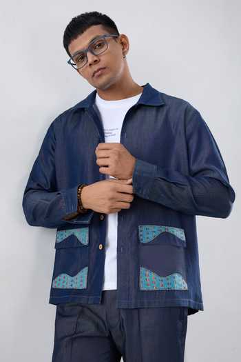 Raw & Rustic By Niti Bothra Dark Blue Denim River Flow Patchwork Shacket 