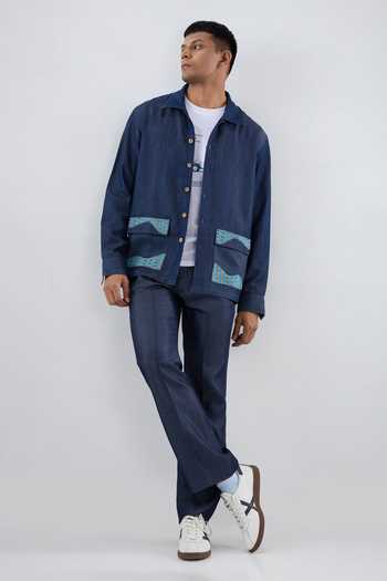 Shop Raw & Rustic By Niti Bothra Blue Tencel, Denim Patchwork Dark River Flow Shacket Online at Aza Fashions Shop_Raw & Rustic By Niti Bothra_Blue Tencel, Denim Patchwork Dark River Flow Shacket _Online_at_Aza_Fashions