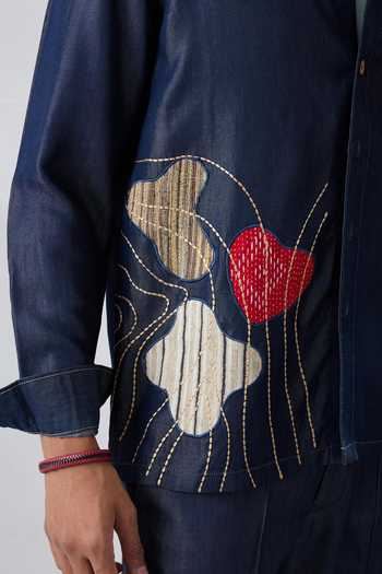 Raw & Rustic By Niti Bothra Navy Tencel, Denim Patchwork, Embroidery Dark Blue Rust Panel Shacket Online at Aza Fashions Raw & Rustic By Niti Bothra_Navy Tencel, Denim Patchwork, Embroidery Dark Blue Rust Panel Shacket _Online_at_Aza_Fashions