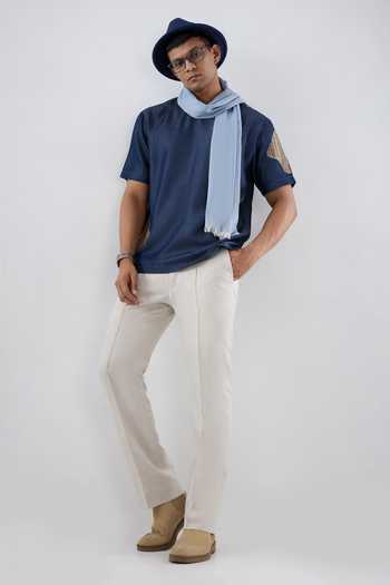 Shop Raw & Rustic By Niti Bothra Navy Tencel, Denim Patchwork Dark Blue Artisanal T-shirt Online at Aza Fashions Shop_Raw & Rustic By Niti Bothra_Navy Tencel, Denim Patchwork Dark Blue Artisanal T-shirt _Online_at_Aza_Fashions