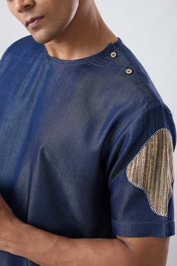 Raw & Rustic By Niti Bothra Navy Tencel, Denim Patchwork Dark Blue Artisanal T-shirt at Aza Fashions Raw & Rustic By Niti Bothra_Navy Tencel, Denim Patchwork Dark Blue Artisanal T-shirt _at_Aza_Fashions
